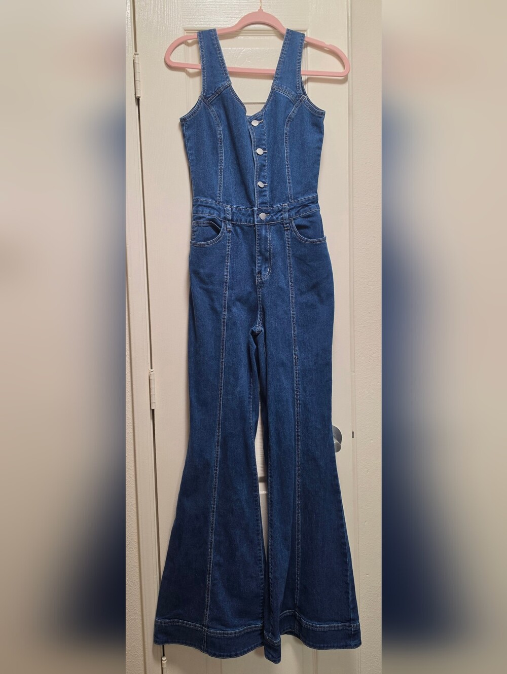 Fashion Nova Blue Denim Flared Overalls